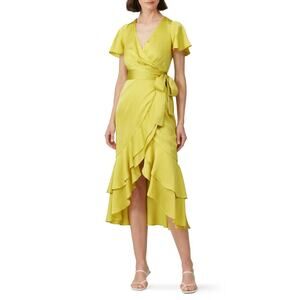 Great Jones Chartreuse Ruffled Flutter Sleeve V-Neck Wrap Midi Dress Size Medium